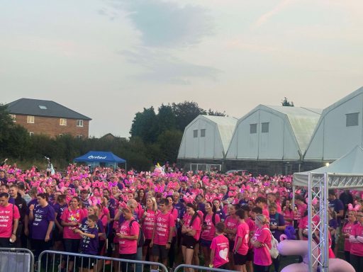 Night run A large crowd of participants in pink and purple attire at an outdoor event.