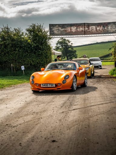 Custom arch for car show An orange sports car leads yellow cars along a dirt road surrounded by greenery.